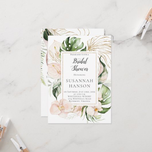 赤面ピンク金ゴールドフローラフレームトロピカルブライダルシャワー カード (正面/裏面インサイチュ)