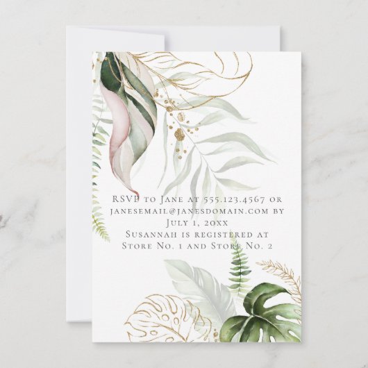 赤面ピンク金ゴールドフローラフレームトロピカルブライダルシャワー カード (裏面)