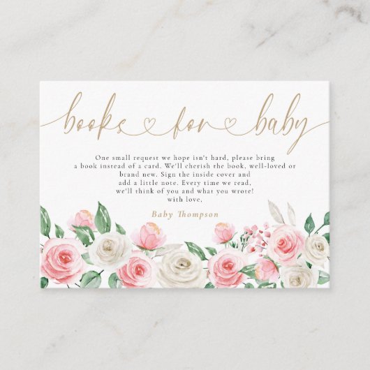 赤面ピンク金ゴールドフローラブックベビーベビーシャワー エンクロージャーカード (正面)