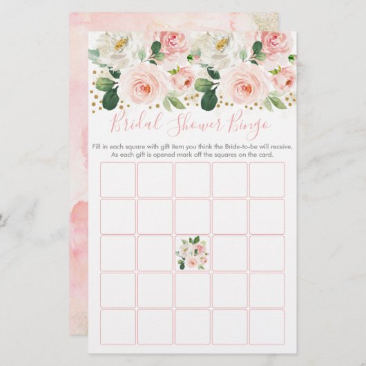 赤面ピンク金ゴールドフローラブライダルシャワービンゴゲーム (正面/裏面)