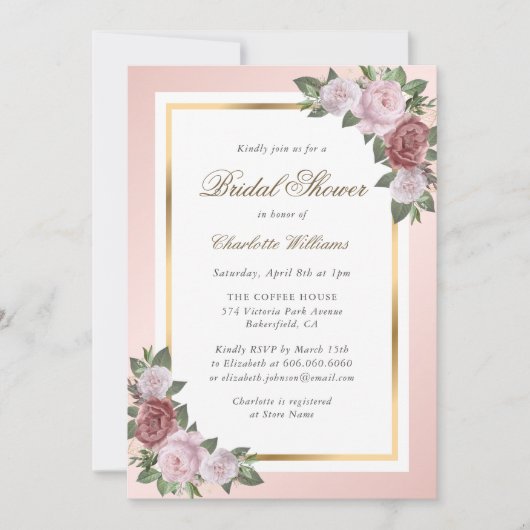 赤面ピンク金ゴールドフローラブライダルシャワー招待 招待状 (正面)