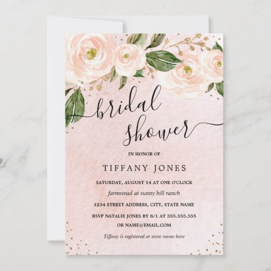 赤面ピンク金ゴールドフローラブライダルシャワー 招待状 (正面)