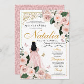 赤面ピンク金ゴールドフローラプリンセスキンセアニェラ 招待状 (正面/裏面)