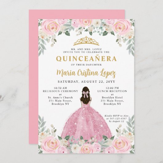 赤面ピンク金ゴールドフローラプリンセスティアラキンセアニラ 招待状 (正面/裏面)