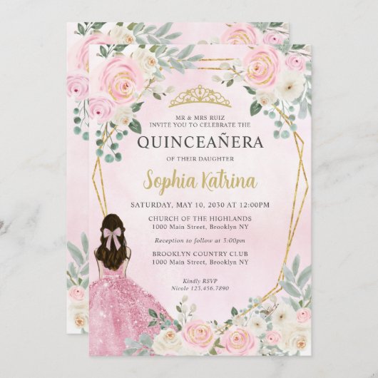 赤面ピンク金ゴールドフローラプリンセスティアラキンセアニラ 招待状 (正面/裏面)