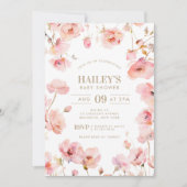 赤面ピンク金ゴールドフローラベビーイン開花ベビーシャワー 招待状 (正面)