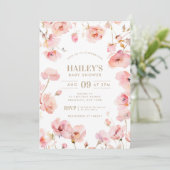 赤面ピンク金ゴールドフローラベビーイン開花ベビーシャワー 招待状 (スタンド正面)