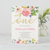 赤面ピンク金ゴールドフローラベビーガールファースト誕生日 招待状 (スタンド正面)