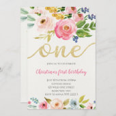 赤面ピンク金ゴールドフローラベビーガールファースト誕生日 招待状 (正面/裏面)