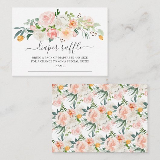 赤面ピンク金ゴールドフローラベビーシャワーおむつラッフル エンクロージャーカード (正面/裏面)