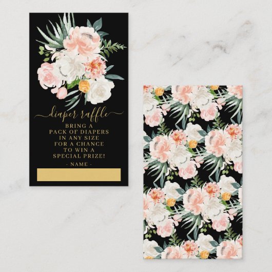 赤面ピンク金ゴールドフローラベビーシャワーおむつラッフル エンクロージャーカード (正面/裏面)