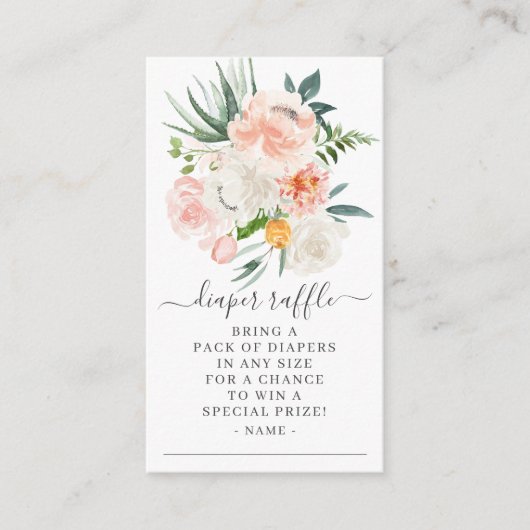 赤面ピンク金ゴールドフローラベビーシャワーおむつラッフル エンクロージャーカード (正面)