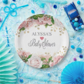 赤面ピンク金ゴールドフローラ小さな女の子ベビーシャワー ペーパープレート (パーティー)