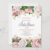 赤面ピンク金ゴールドフローラ小さな女の子ベビーシャワー 招待状 (正面)