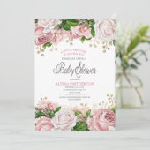 赤面ピンク金ゴールドフローラ小さな女の子ベビーシャワー 招待状 (スタンド正面)