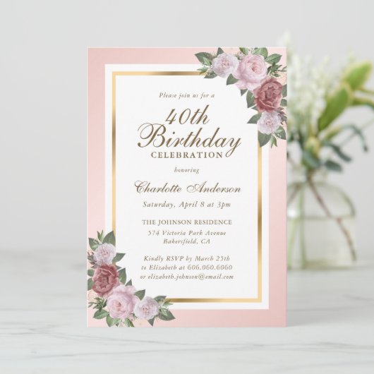 赤面ピンク金ゴールドフローラ40th誕生日招待状 招待状 (スタンド正面)