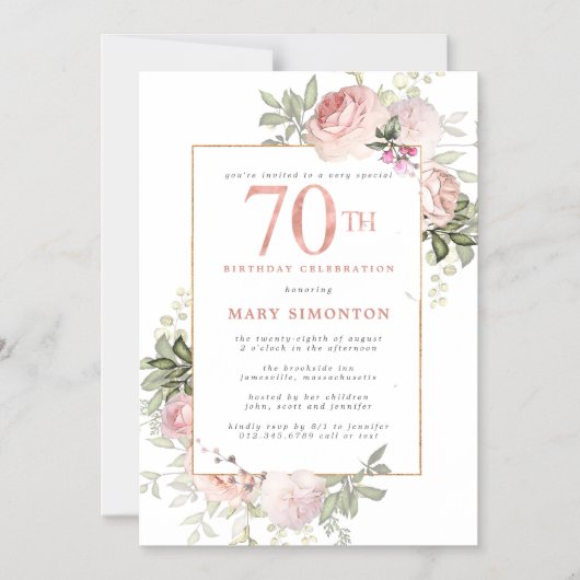 赤面ピンク金ゴールドフローラ70th誕生日パーティー マグネット招待状 (正面)