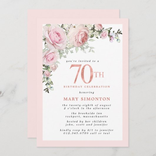 赤面ピンク金ゴールドフローラ70th誕生日パーティー 招待状 (正面/裏面)