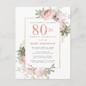 赤面ピンク金ゴールドフローラ80th誕生日パーティー インビテーションポストカード (正面)