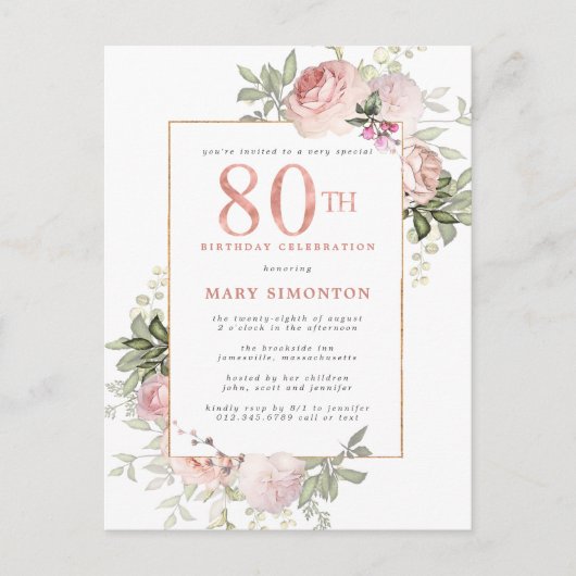 赤面ピンク金ゴールドフローラ80th誕生日パーティー インビテーションポストカード (正面)