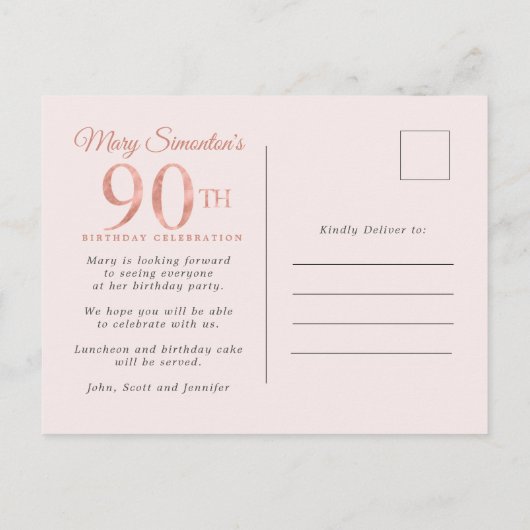 赤面ピンク金ゴールドフローラ90th誕生日パーティー インビテーションポストカード (裏面)