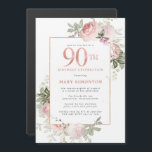 赤面ピンク金ゴールドフローラ90th誕生日パーティー マグネット招待状<br><div class="desc">この90歳の誕生日パーティーエレガントの招待でフェミニン特別な女性を尊重する。90日は大書ピンクの文字。誕生祝い後を追。名誉あるゲストの名前もピンクの大文字で書かれている。残りの文字は柔らかいハト灰色。誕生祝い詳細は、赤面のピンクのバラとセージの緑の飾金ゴールドと一緒にシックなフレームに囲ま離れれている。デザインの間伝統的に、開いた風通しの良い植物性の葉と文字与えはバイブコンテンポラリーだ。残念ながら、100の数字は編集できない。もうもし1年お願いだから、カスタムデザインを作って嬉しいよ。</div>