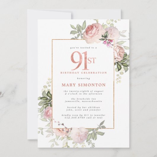 赤面ピンク金ゴールドフローラ91st誕生日パーティー 招待状 (正面)