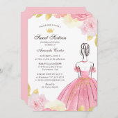 赤面ピンク金ゴールドフローラSweet sixteen 招待状 (正面/裏面)