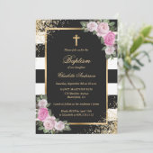 赤面ピンク金ゴールドブラックストライプのフローラガールバプテスマ 招待状 (スタンド正面)