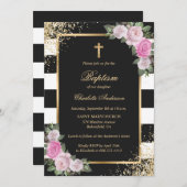 赤面ピンク金ゴールドブラックストライプのフローラガールバプテスマ 招待状 (正面/裏面)