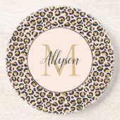 赤面ピンク金ゴールドブラックヒョウ印刷モノグラム コースター (正面)