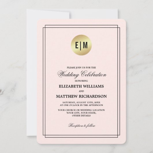 赤面ピンク金ゴールドブラックフローラ結婚ズ 招待状 (正面)