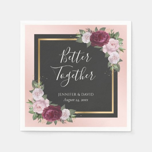 赤面ピンク金ゴールドブラックブルゴーニュフローラ結婚ズ スタンダードカクテルナプキン (正面)