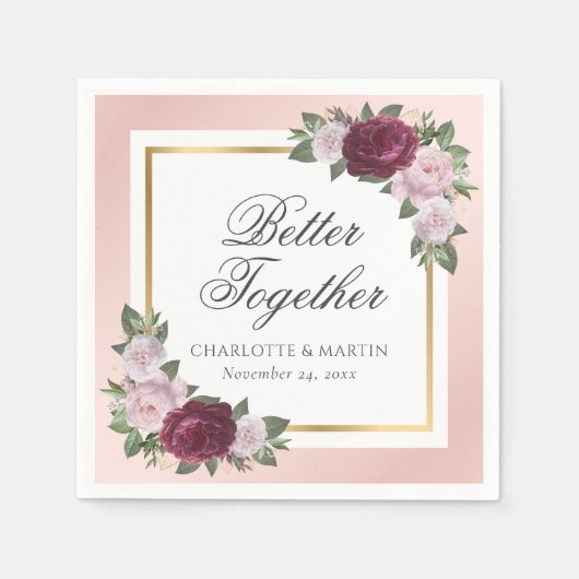 赤面ピンク金ゴールドブルゴーニュフローラ結婚ズナプキンス スタンダードカクテルナプキン (正面)