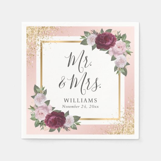 赤面ピンク金ゴールドブルゴーニュフローラ結婚ズ スタンダードカクテルナプキン (正面)