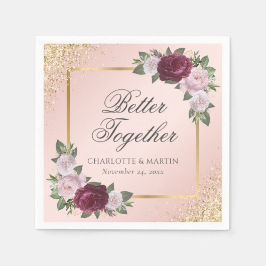 赤面ピンク金ゴールドブルゴーニュフローラ結婚ズ スタンダードカクテルナプキン (正面)