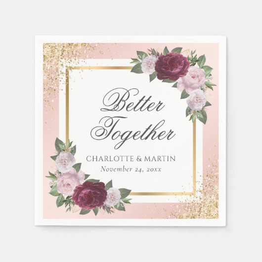 赤面ピンク金ゴールドブルゴーニュフローラ結婚ズ スタンダードカクテルナプキン (正面)
