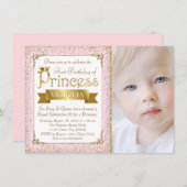 赤面ピンク金ゴールドプリンセス第1の誕生日招待状 招待状 (正面/裏面)