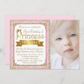 赤面ピンク金ゴールドプリンセス第1バースデーパーティー 招待状 (正面/裏面)