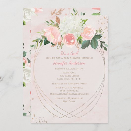 赤面ピンク金ゴールドベビーシャワー 招待状 (正面/裏面)