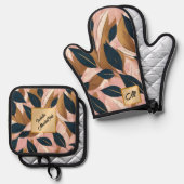 赤面ピンク金ゴールドボホ葉トレンディーコレクション 鍋つかみ&鍋敷きセット (正面/裏面)