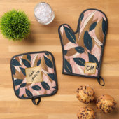 赤面ピンク金ゴールドボホ葉トレンディーコレクション 鍋つかみ&鍋敷きセット (トップダウン)