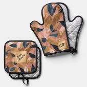 赤面ピンク金ゴールドボホ葉人気があるコレクション 鍋つかみ&鍋敷きセット (正面/裏面)