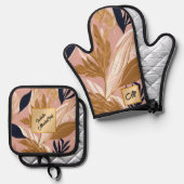 赤面ピンク金ゴールドボー葉ホモダンコレクション 鍋つかみ&鍋敷きセット (正面/裏面)