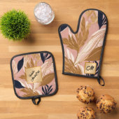 赤面ピンク金ゴールドボー葉ホモダンコレクション 鍋つかみ&鍋敷きセット (トップダウン)