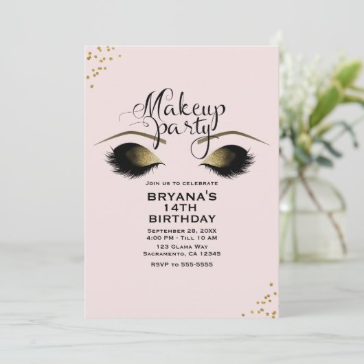赤面ピンク金ゴールドメイクアップまつげパーティーイベント 招待状 (スタンド正面)