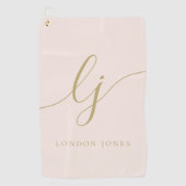 赤面ピンク金ゴールドモダンスクリプトモノグラム名ガーリー ゴルフタオル (正面)