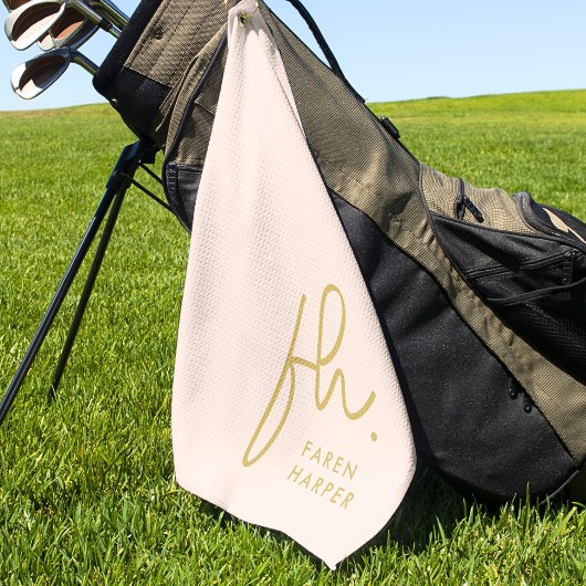 赤面ピンク金ゴールドモノグラムモダンスクリプト名ガーリー ゴルフタオル