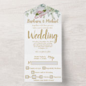 赤面ピンク金ゴールドロマンチック結婚フローラ オールインワン招待状 (内側)