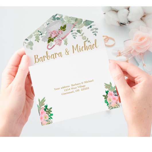 赤面ピンク金ゴールドロマンチック結婚フローラ オールインワン招待状